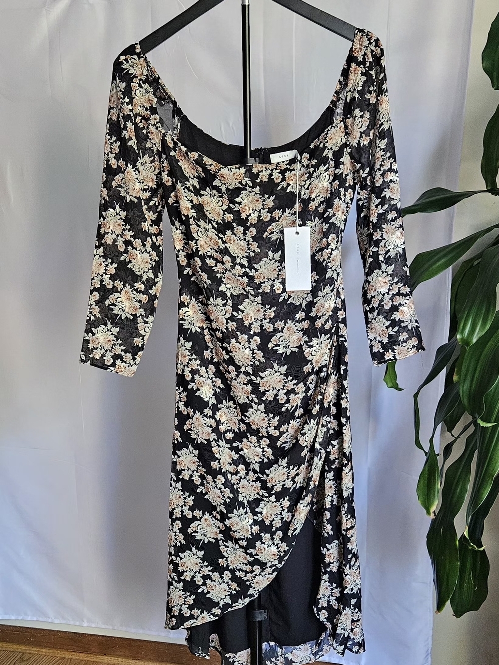 LUSH Floral Burnout Velvet Midi Dress S NWT Ruched High-Low Long Sleeve - Picture 2 of 16